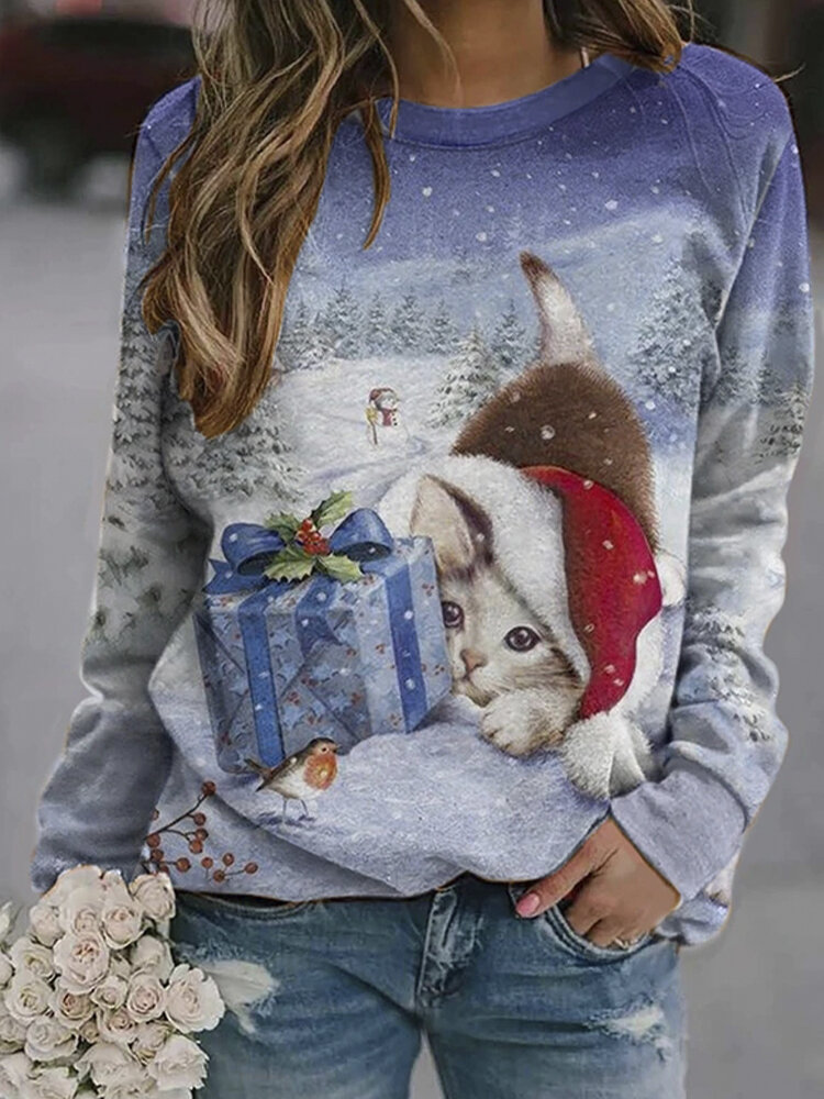 

Women Christmas Cute Cat Allover Printed Round Neck Long Sleeve Sweatshirts