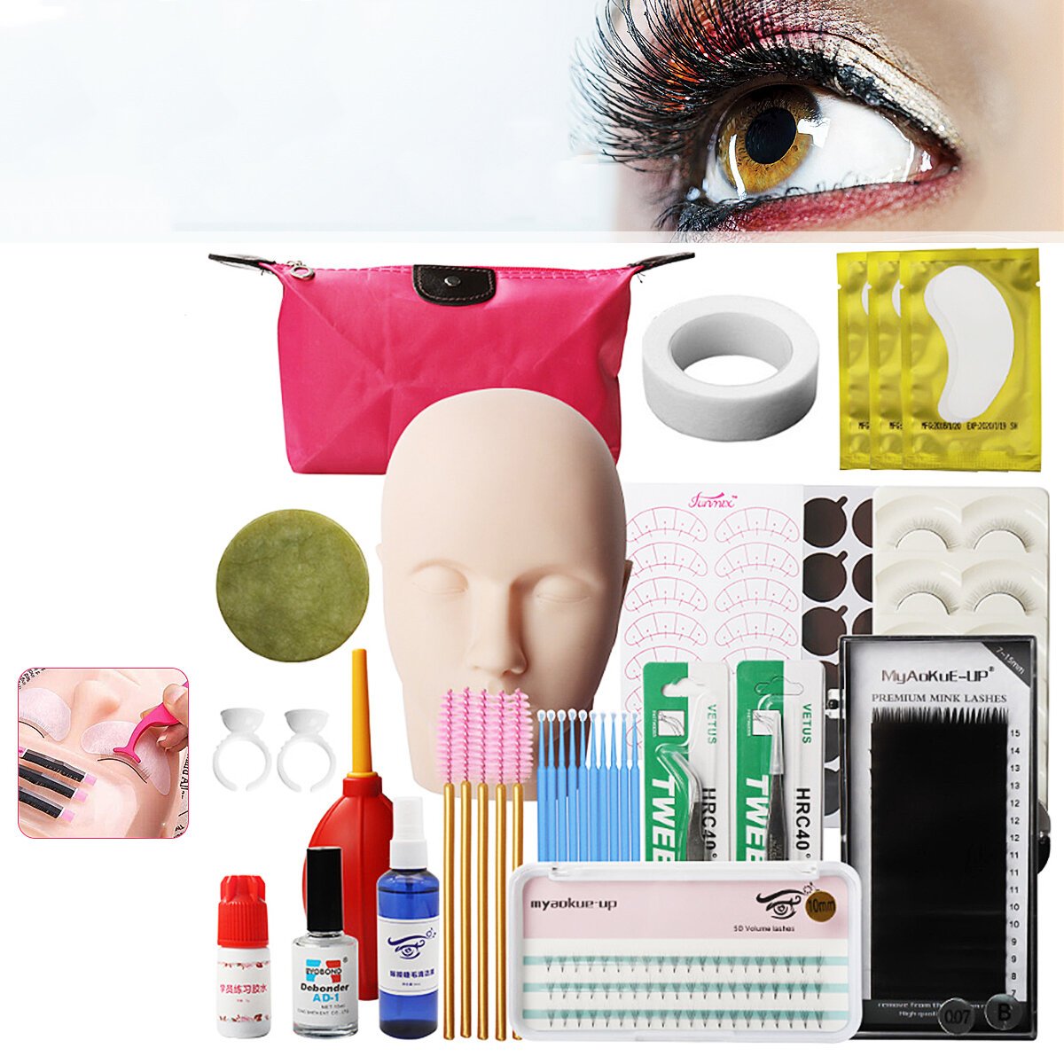 19PCS Mannequin Training Head Make Up Eyelash Extensions Tool Set Practice Kit