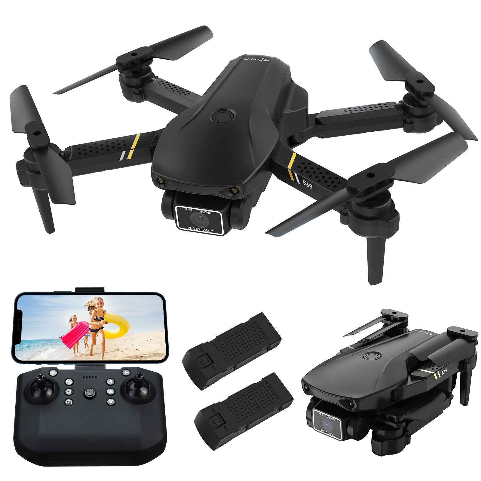 FLYHAL E69 WIFI FPV With 1080P HD Wide Angle Camera High Hold Mode Foldable RC Drone Quadcopter RTF － Two Batteries