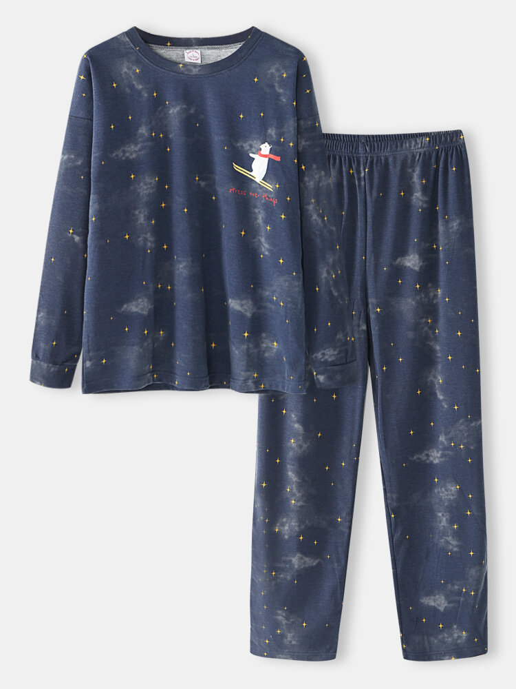Dames Cartoon Polar Bear & Starry Sky Print Trui Elastische Taille Pocket Broek Thuis Pyjama Set