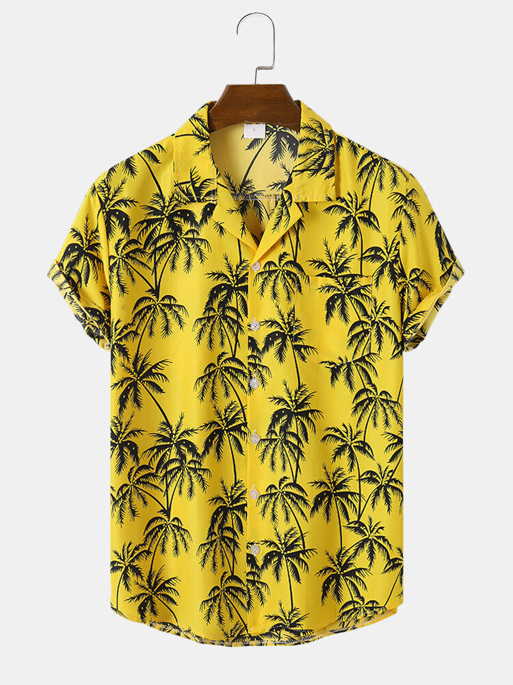 Men Coconut Tree Graphic Revere Collar Hawaii Style Soft Casual Shirts