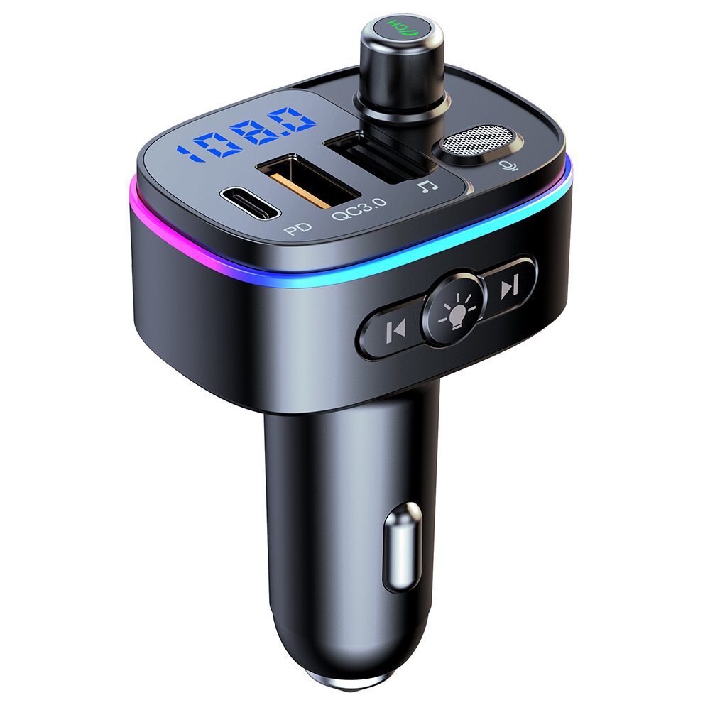 T65 bluetooth V5.0 Trasmettitore FM 18W PD + QC3.0 Caricabatteria da auto USB 9 colori Luci datmosfera Siri Control