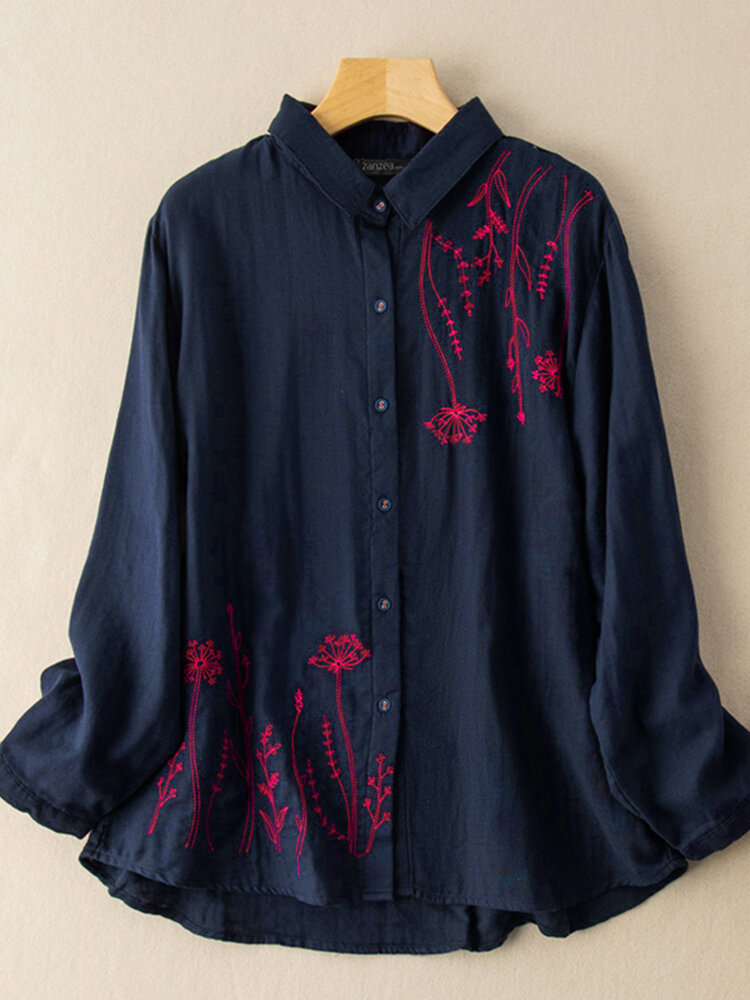Women Puff Sleeve Flowers Printed Embroidery Button Stand Collar Shirt