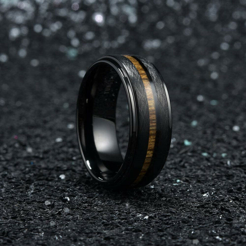 1 Pcs Fashion Casual Stainless Steel Black Narrow Wood Grain Ring