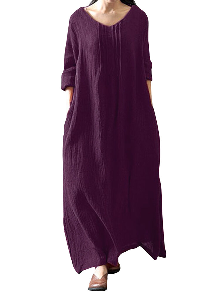 Image of Retro Damen Cotton Solid Langarm Seitentaschen Kleid