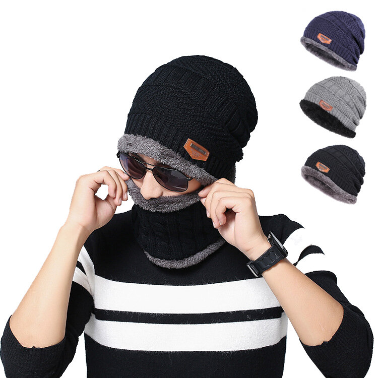 TENGOO Coral Fleece Winter Men's Hat Scarf Set Travel Warm Breathable Wool Knitted Outdoor Double Layers Warm Up Hat