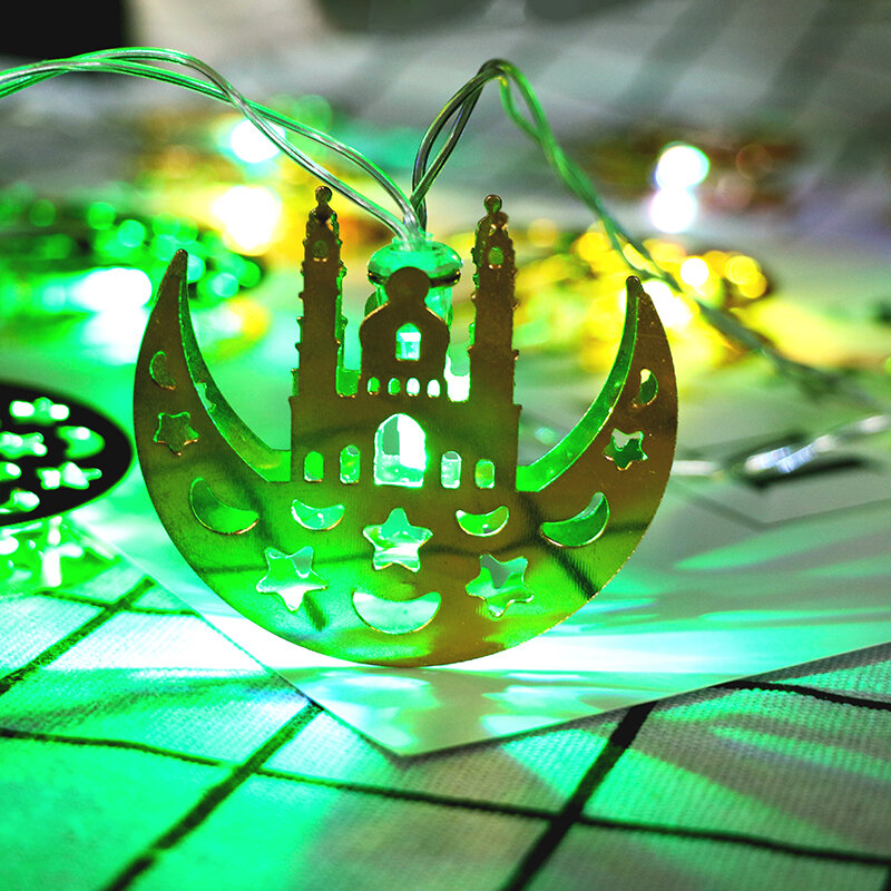 

10LED Battery Box Light Lantern Golden Iron Pendant Moon Castle Ramadan Arabic Festival Decoration