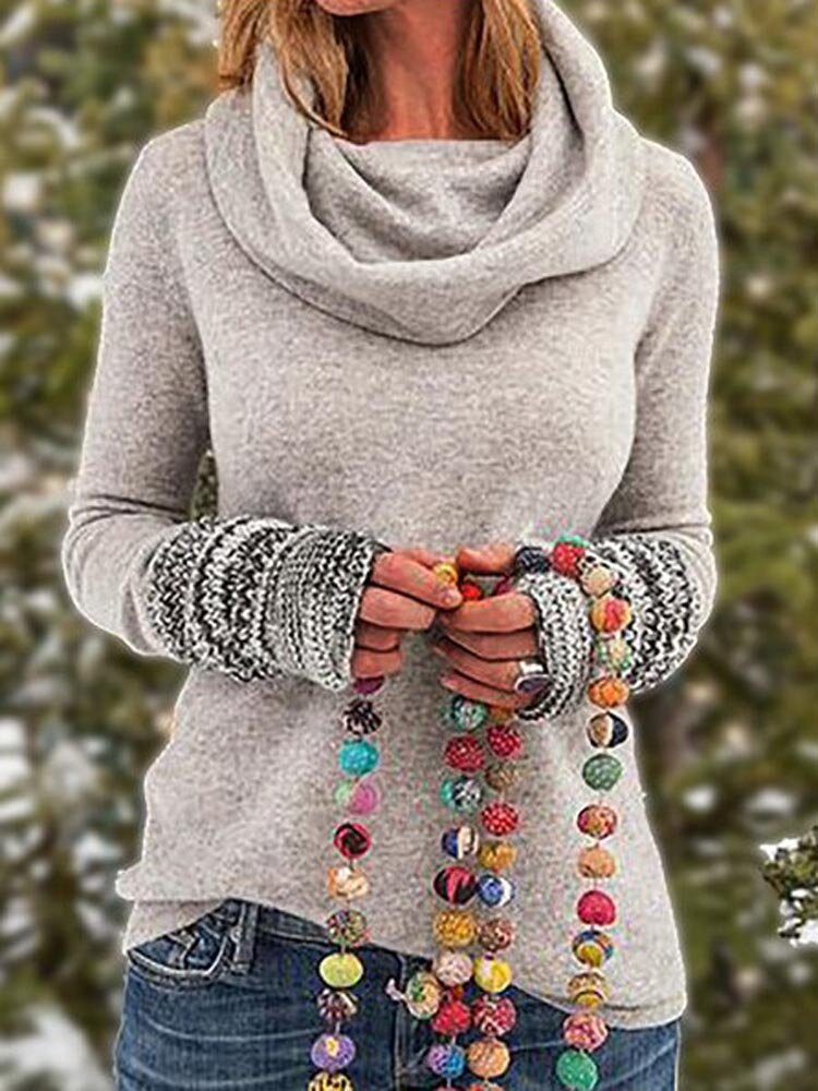 Dames effen kleur Heap-kraag Casual sweatshirt met lange mouwen en manchetdetail