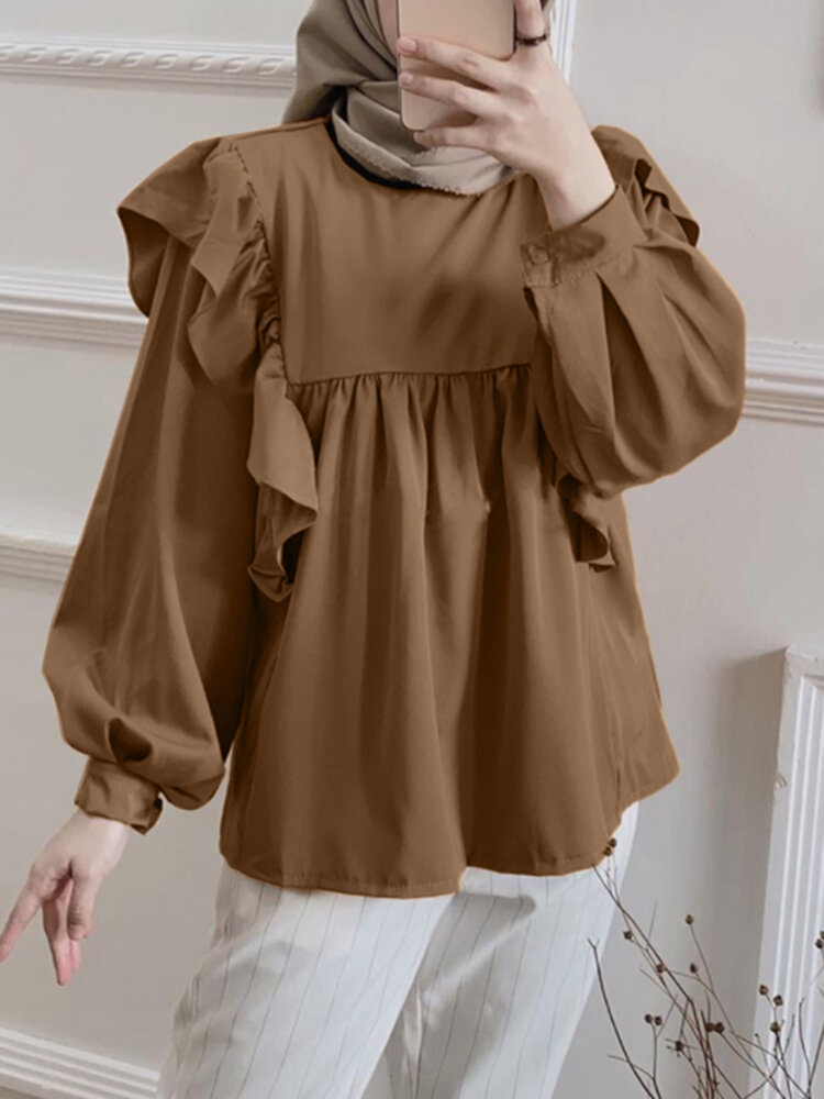 Solid Color Long Sleeve O-neck Ruffled Blouse For Women