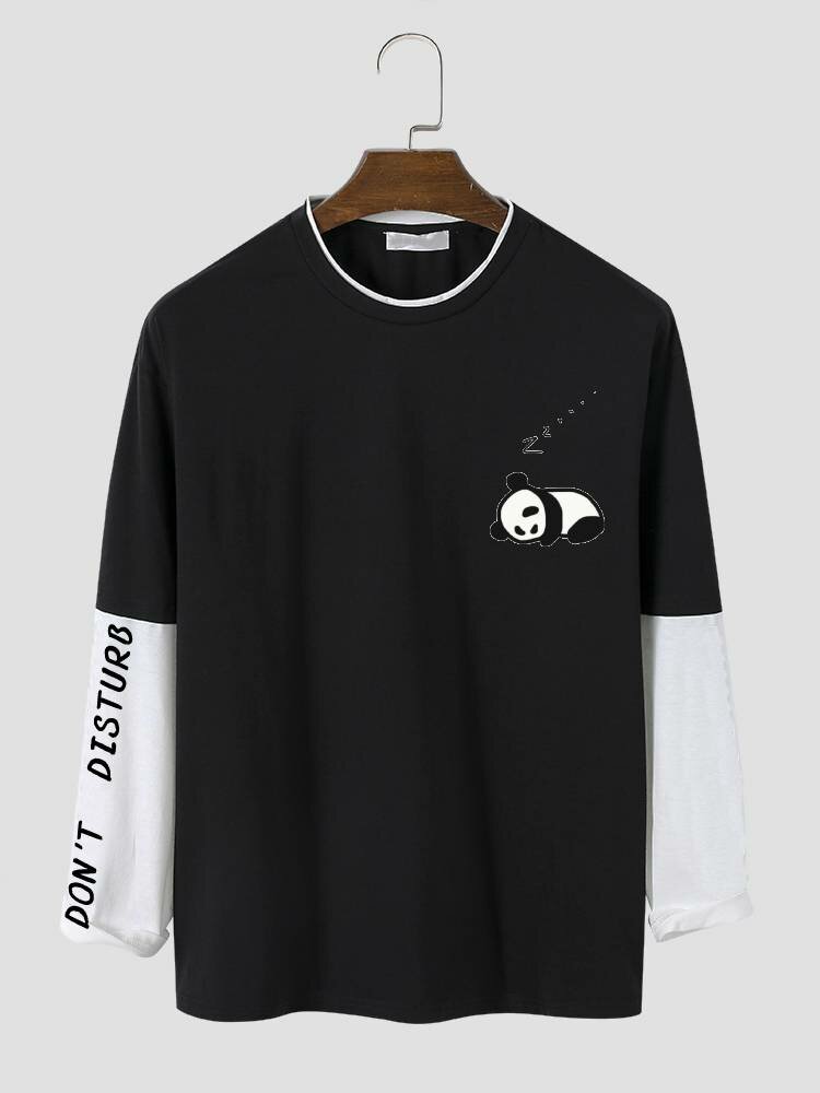 

Мужские Panda Контрастные футболки с длинным рукавом из искусственного двойного принта с буквенным принтом
