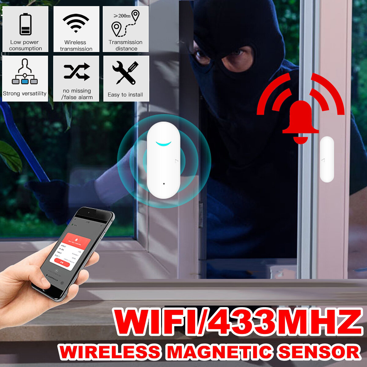 WIFI/433MHZ Window Door Sensor Door Open/ Closed APP Home Alarm