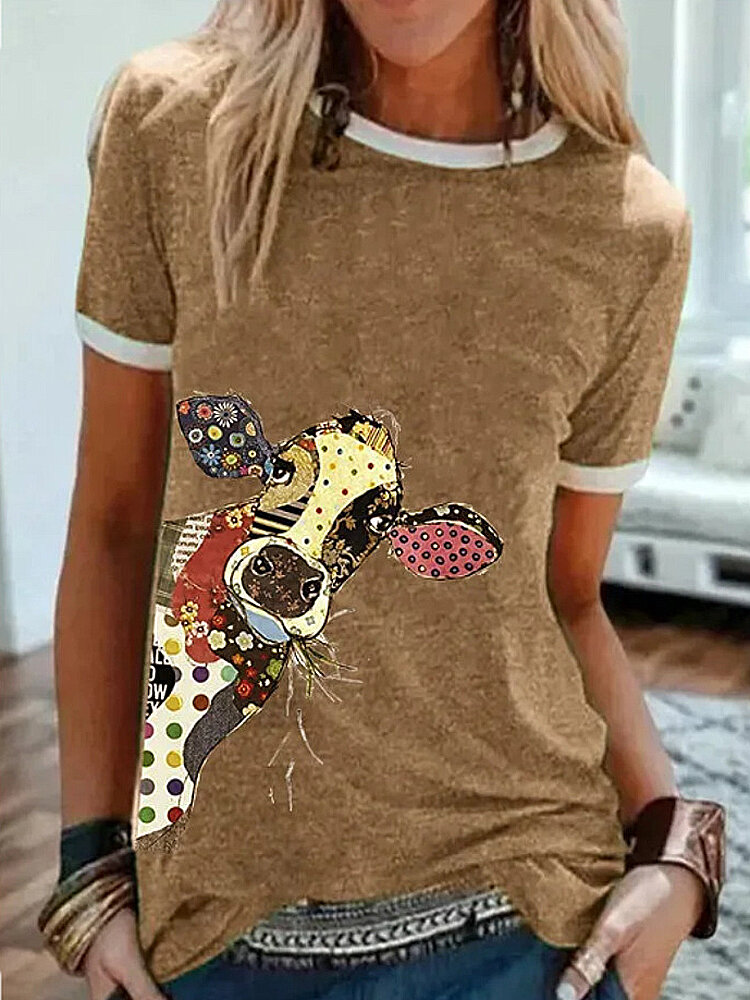 T-shirts met ronde hals en korte mouwen, cartoon giraf, dierenprint
