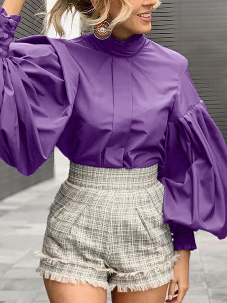 

Женщины воротник-стойка с рукавами-фонариками плиссированные стильные повседневные однотонные блузки