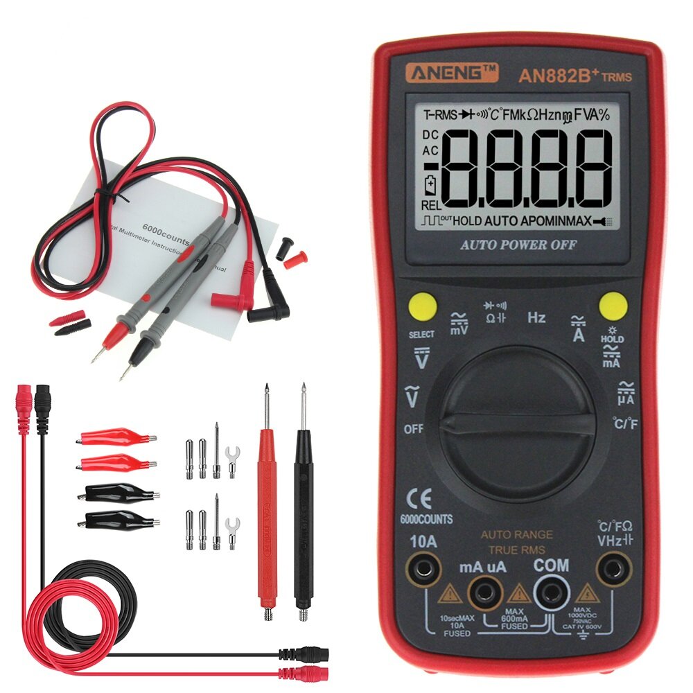 

ANENG AN882B+ True RMS Digital Multimeter 6000 Counts With Auto Range BacklightData Hold AC/DC Voltage and Current Tes