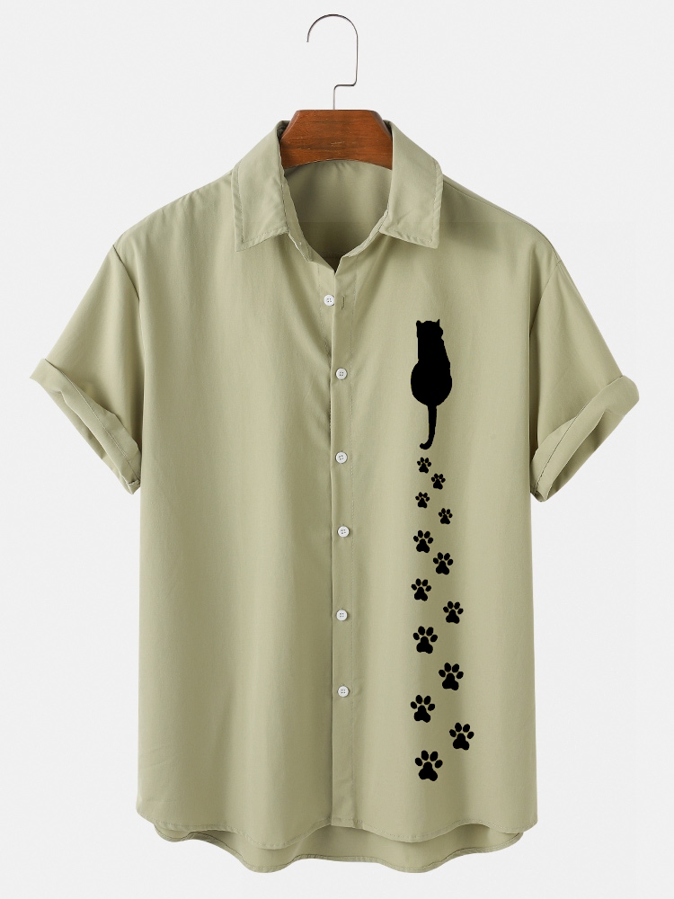 Heren cartoon kat & voetafdruk print katoenen casual shirts met korte mouwen