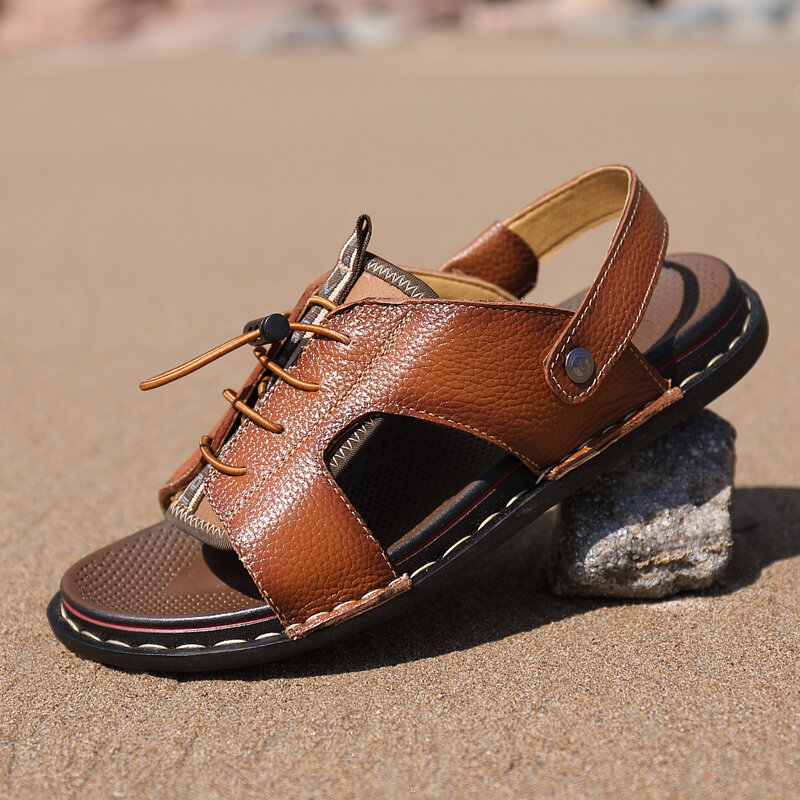 

Men Cowhide Leather Soft Sole Open Toe Non Slip Elastic Laces Casual Beach Sandals