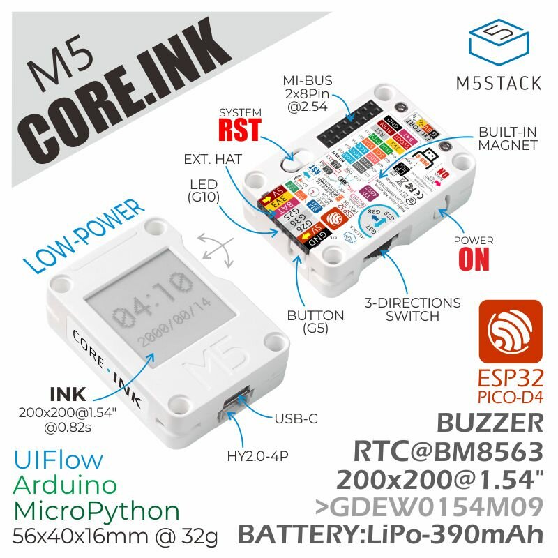 M5Stack ESP32 Core Ink Development Kit with 1.54