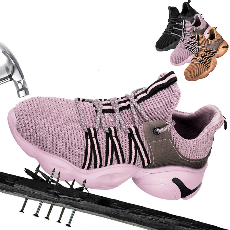 Buty do biegania dla kobiet z siatki Lekkie, stalowy palec bezpieczeństwa, oddychające, wygodne buty sportowe do chodzenia