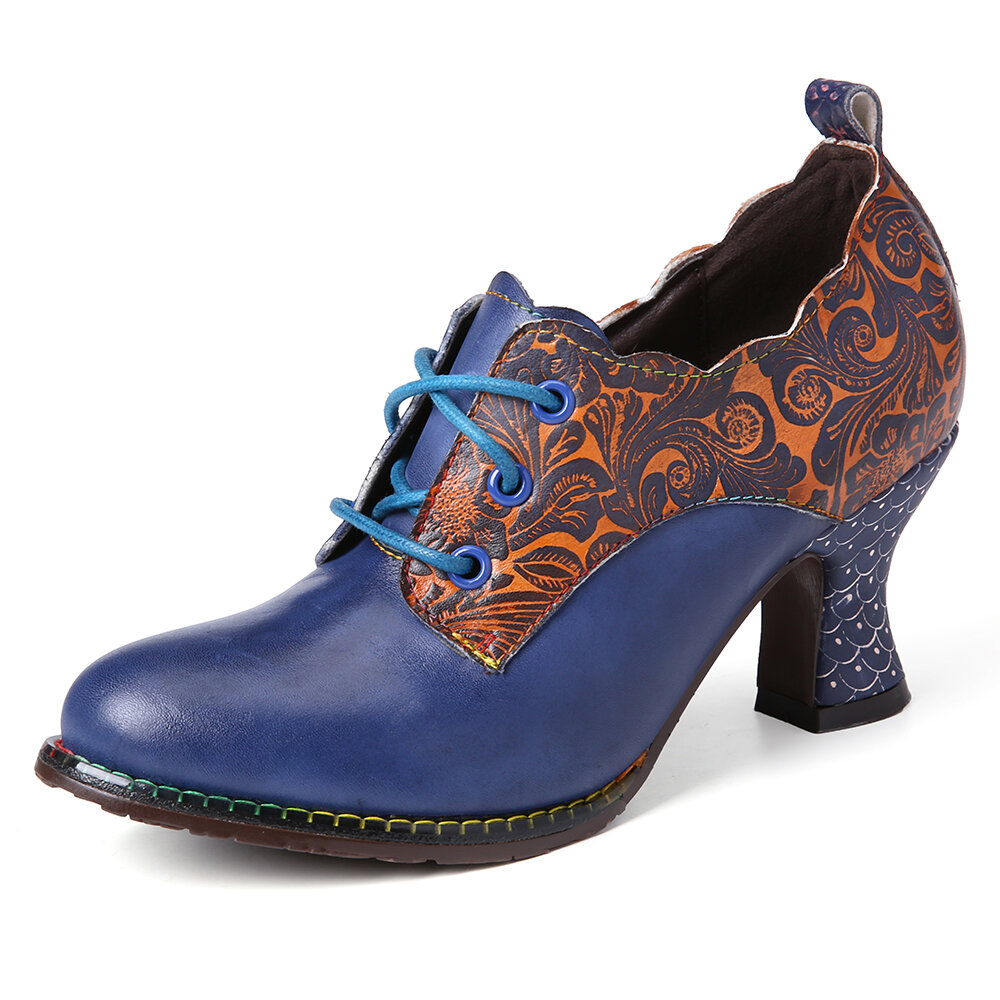 

SOCOFY Винтаж Кожаные туфли-лодочки на массивном каблуке со шнуровкой и молнией с цветочным рисунком сбоку