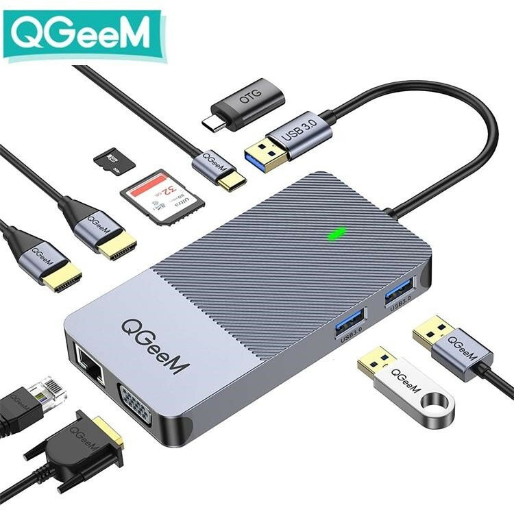 

QGeeM 9-in-1 USB-C HUB Docking Station Adapter With USB-C Power Delivery / USB3.0*2 / 4K HD Display *2/ Memory Card/ VGA