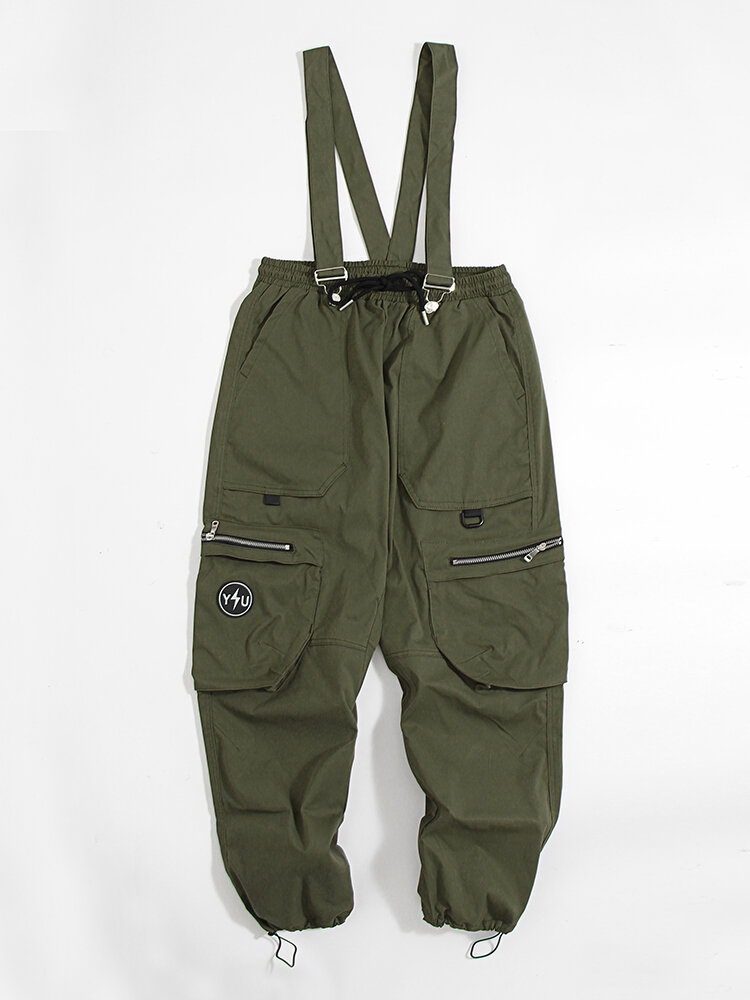 

Men Multi Pockets Solid Color Belted Utility Zip String Casual Cargo Pants Overalls