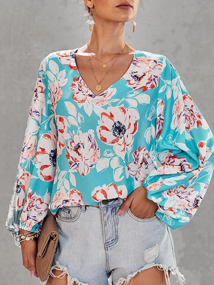 Allover flower print v-neck long sleeve blouse
