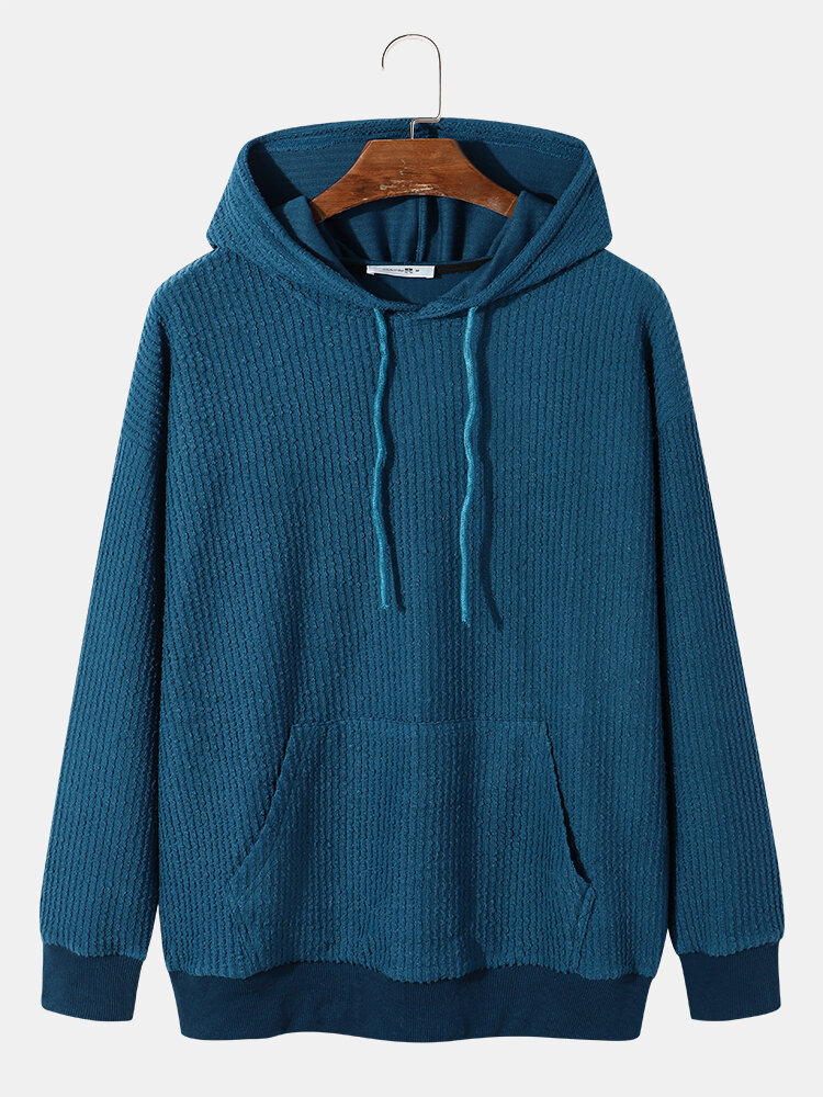 

Men Corduroy Solid Color Kangaroo Pocket Drawstring Hooded Sweatshirt