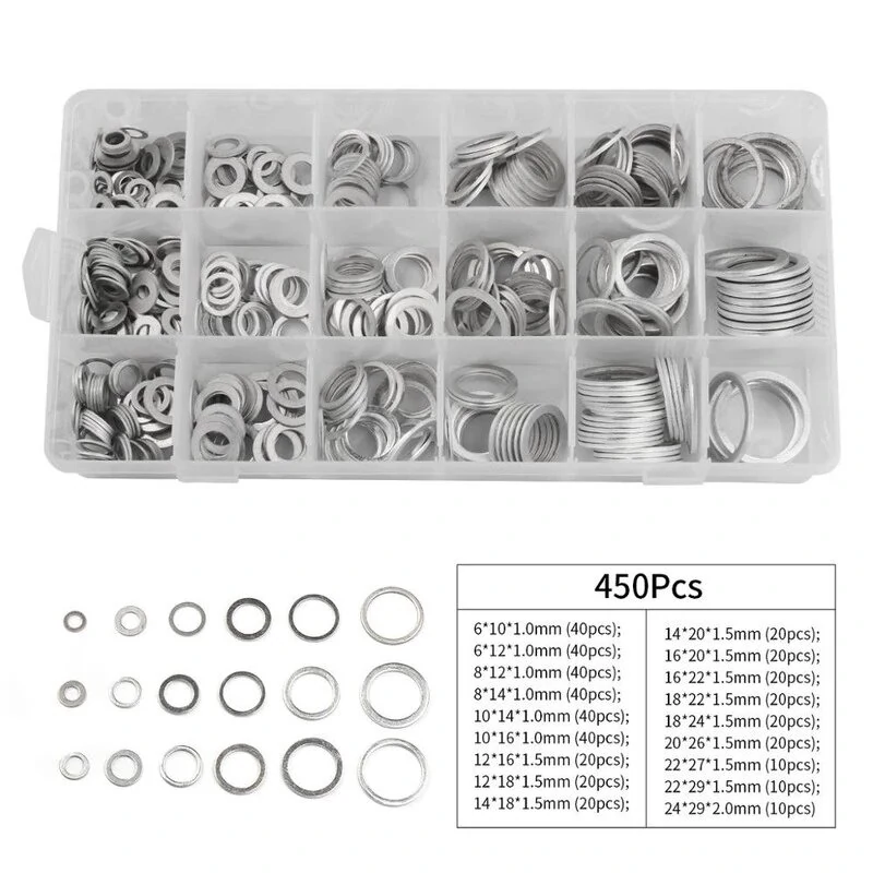 450pcs aluminum sealing solid gaskets washers assorted flat metal o rings set for oil drain plug gasket sump plug