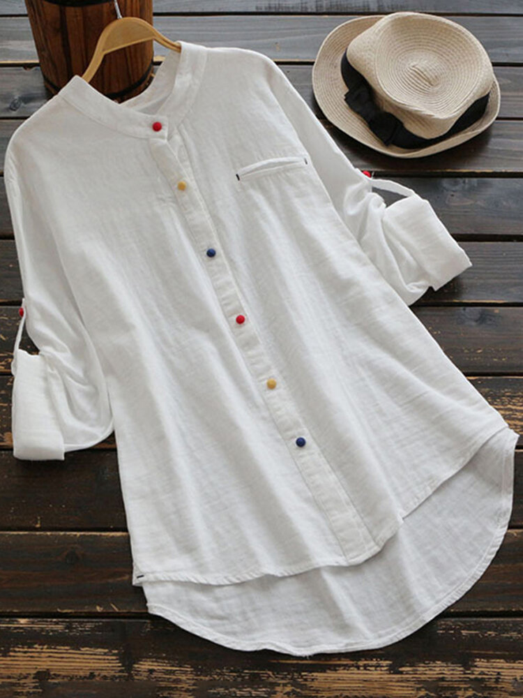 Image of Damen Long Sleeve Casual Knpfe Baumwolle Asymmetrische Bluse