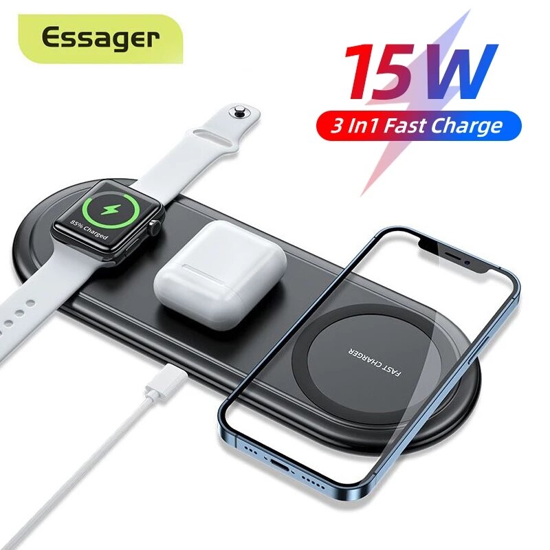 Essager 3 in 1 15W Qi Wireless Charger Pad voor iPhone 12 11 Pro voor Apple Watch voor Airpods voor 