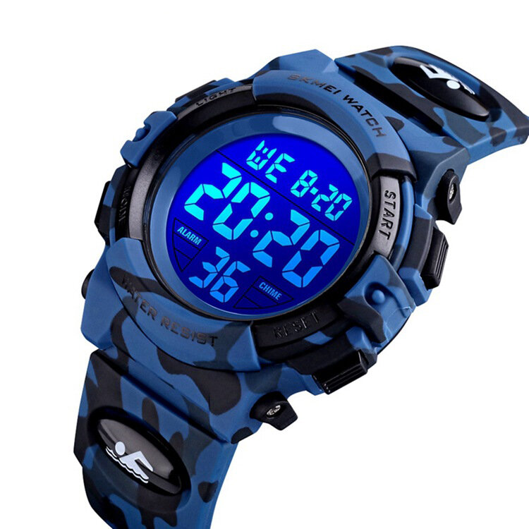 SKMEI 1548 Military Camouflage Children Wristband 12/24 Hours Mode EL Luminous Display Stopwatch Alarm 5ATM Waterproof K