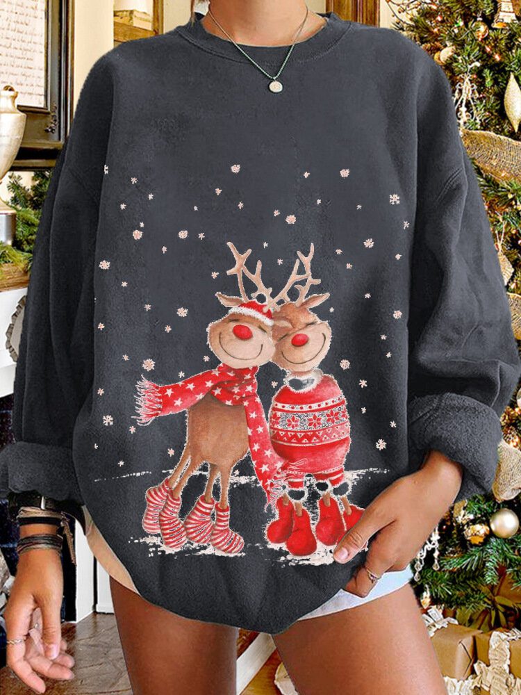 Women Christmas Elk Cartoon Cerf Snow Print Casual O-neck Loose Casual Pullover Sweatshirt
