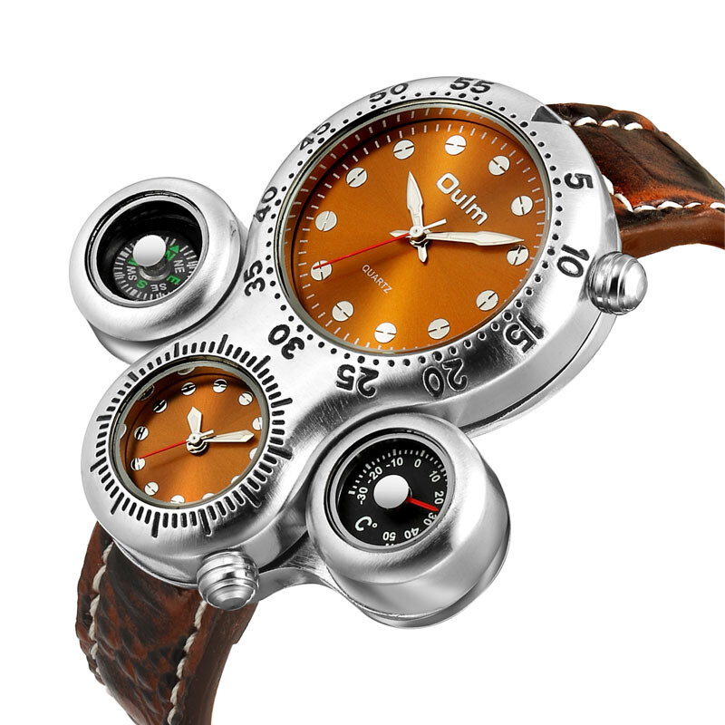 Oulm Creative Irregular Design Compass Thermometer Men Quartz Watch Wristwatch