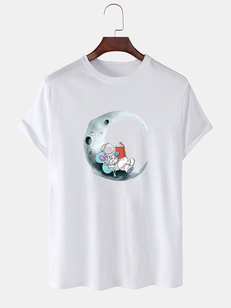 Heren 100% katoen Moon Astronaut Print Casual T-shirts met korte mouwen