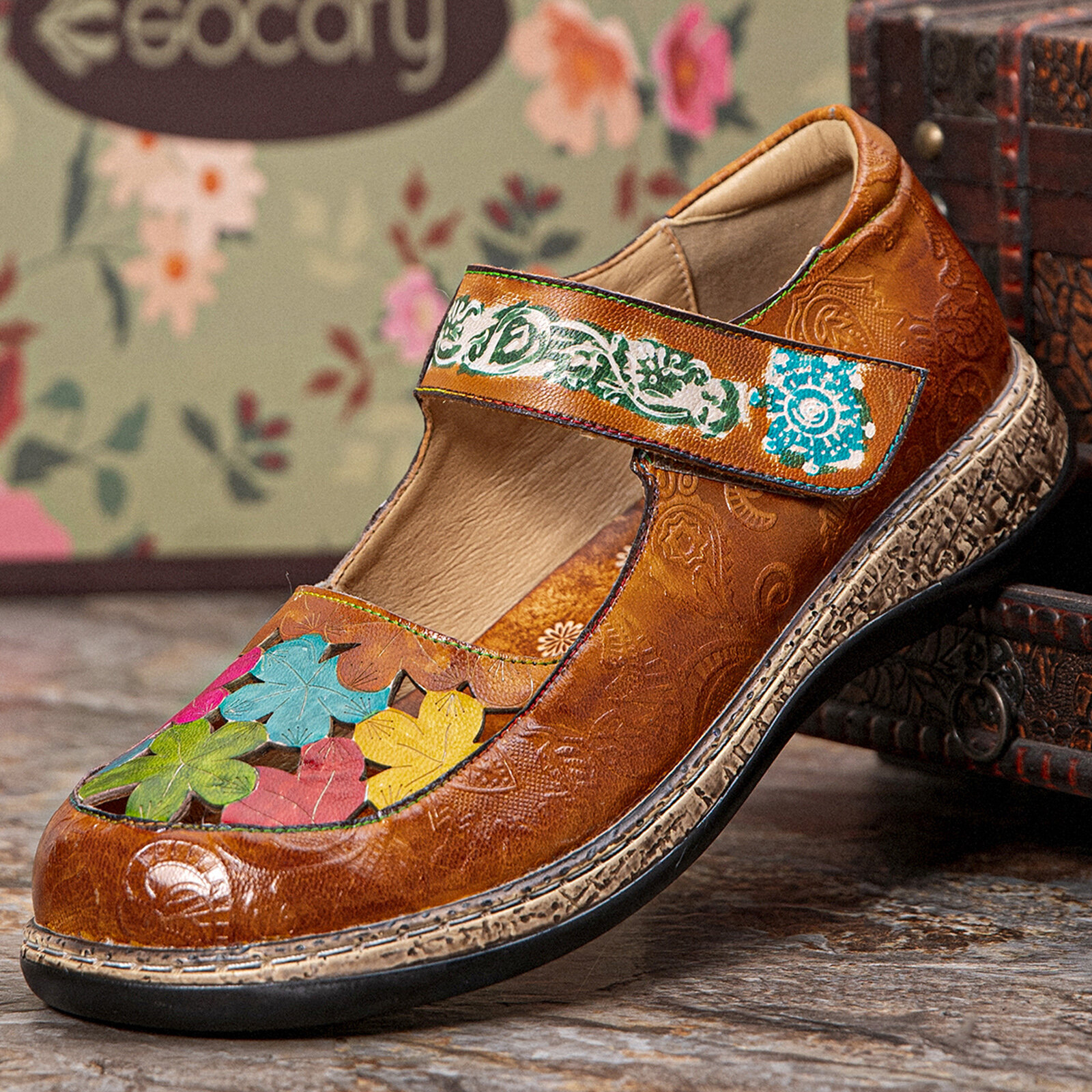 Socofy Genuine Leather Hand Made Retro Ethnic Colorful Flowers Hollow Soft Comfy Mary Jane Flat Shoe