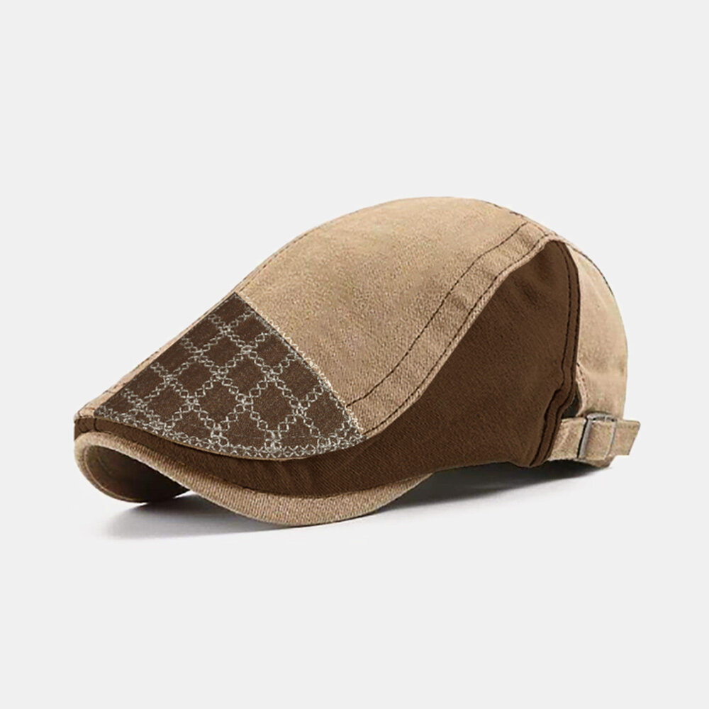 

Collrown Men Beret Cap Cotton Color-match Argyle Stitching Casual Sunshade Breathable Flat Hat
