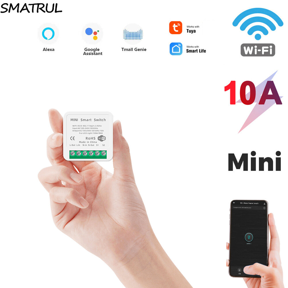 

SMATRUL Mini Tuya 10A 16A Smart Wifi Switch Support Two Way Control Voice Remote Control Timing Function Work with Amazo