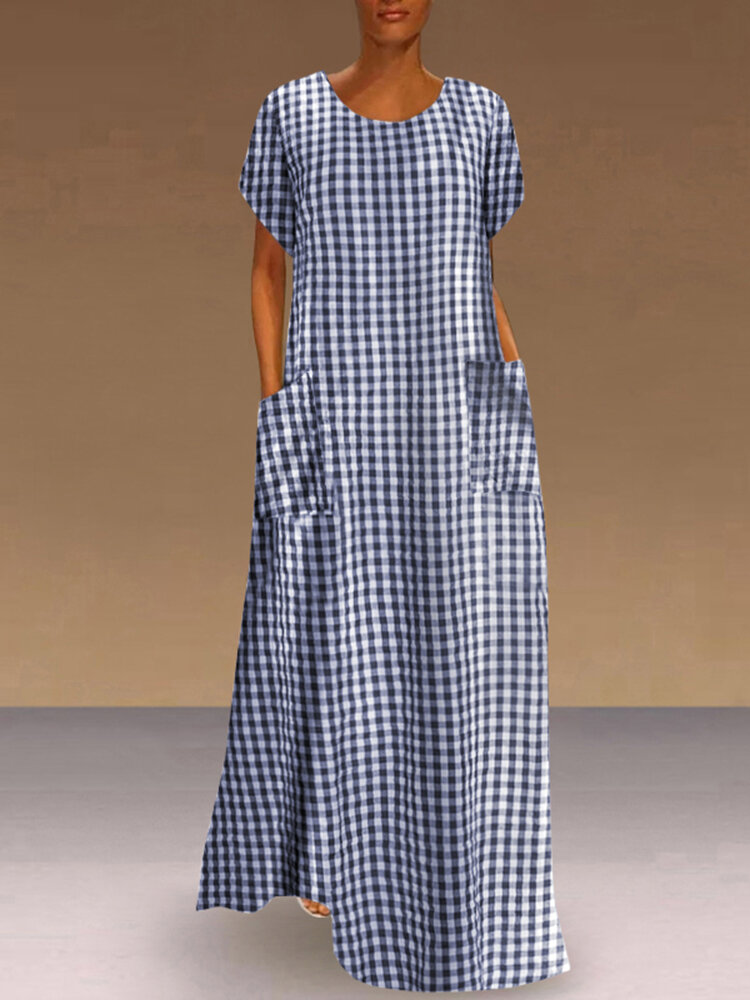 Losse jurk met korte mouwen en ronde hals met geruite print