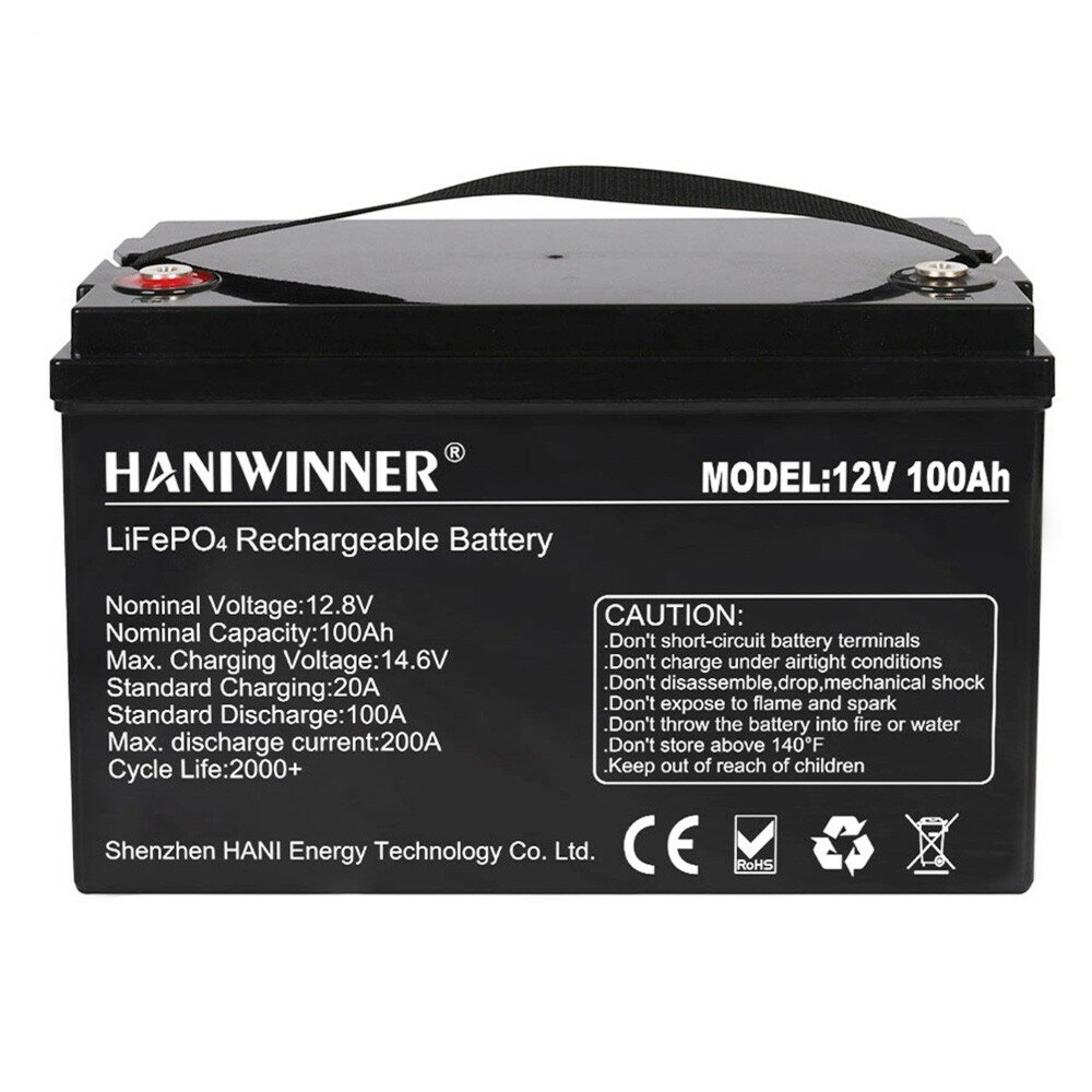 [US Direct] HANIWINNER 12.8V 100Ah LiFePO4リチウムバッテリーパック1280Whエネルギーバックアップ電源2000+サイクル内蔵BMS防水大抵のバックアップ電源RVボートソーラーオフグリッドシリーズ/ピンラッセルHD009-10