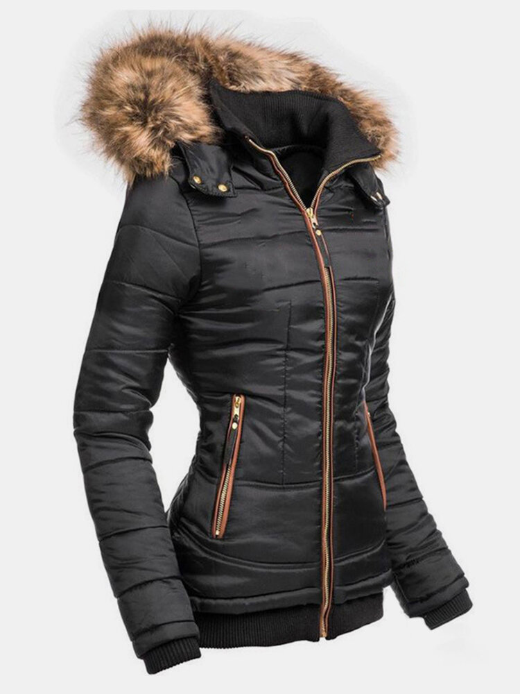 Women Solid Color Zipper Faux Fur Collar Hooded Coat With Pocket