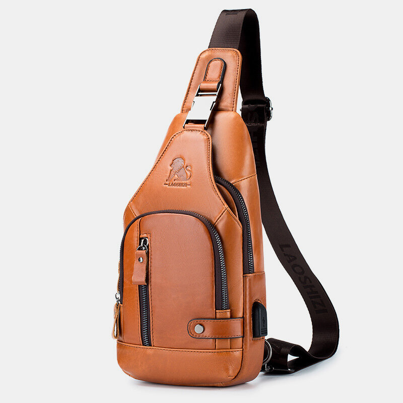 Men Cowhide Multi-pocket USB Charging Chest Bag Outdoor Travel Anti-theft Crossbody Shoulder Bag