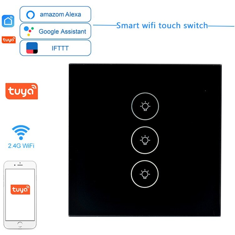 WF-WS03 Tuya AC100-240V Smart Touch Switch 86 Type Smart EU Standard 3Gang Switch Work with Alexa Go