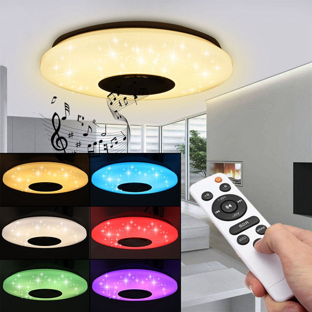 24W Dimmable LED Music Ceiling Light Bluetooth Speaker RGB Stars with Remote APP