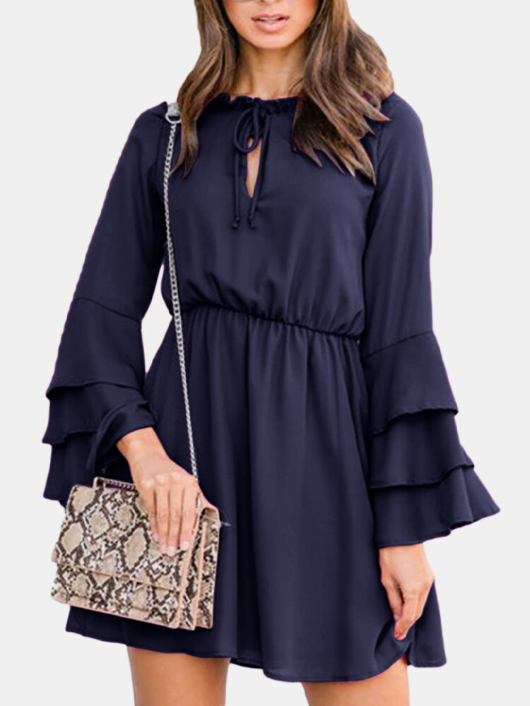 Women Solid Color Ruffled Sleeves Dress