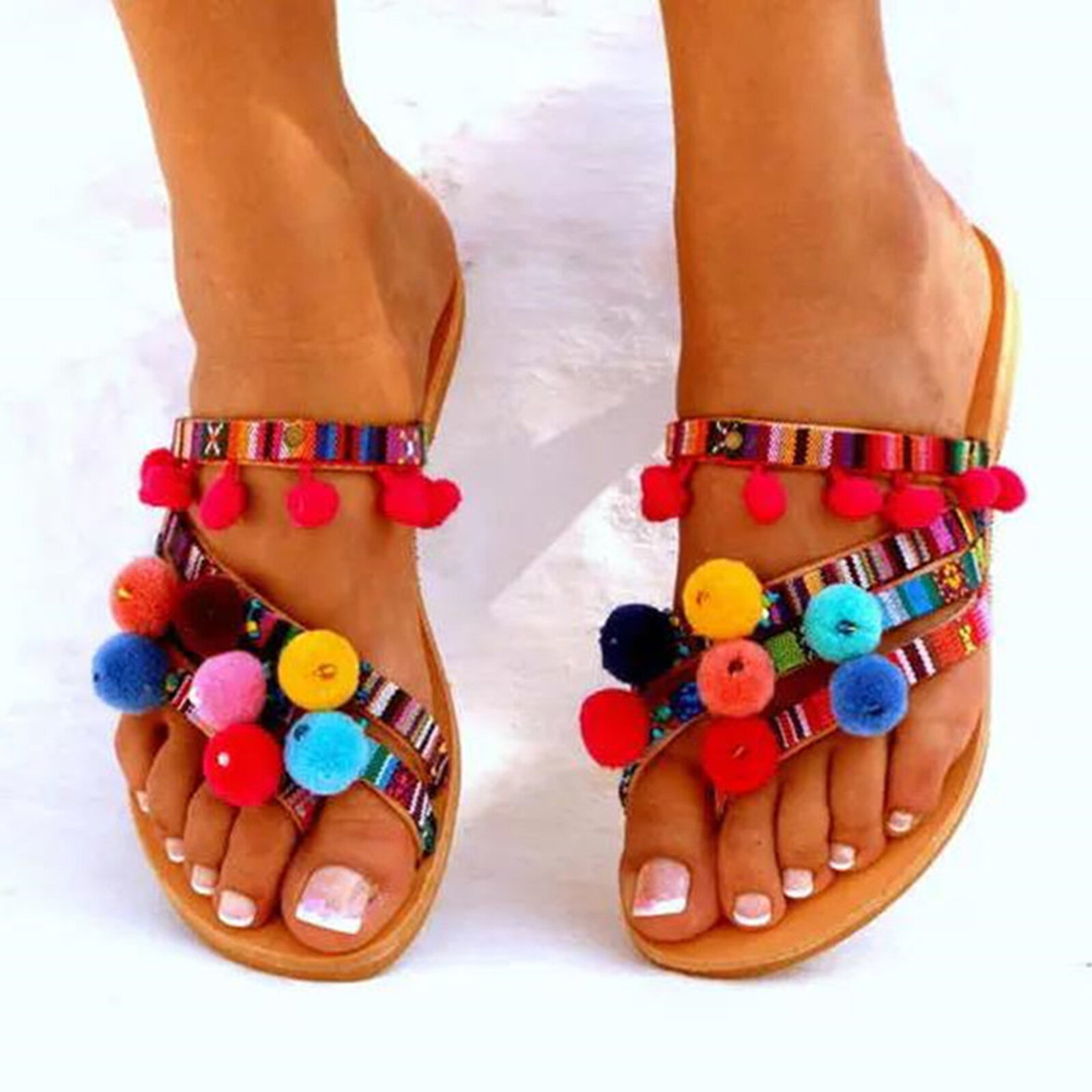 Grote maat zomer dames bontbal Colorful Boheemse comfortabele platte sandalen