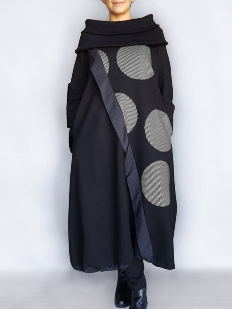 Women Polka Dot Stripe Stitching Turtleneck Long Sleeve Loose Maxi Dresses