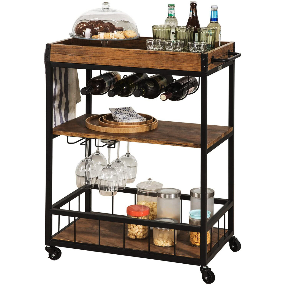 

Dinaza 3-Tier Bar Carts Kitchen Serving Utility Cart on Wheels with Storage for Outdoor Kitchen Club Living RoomWood F