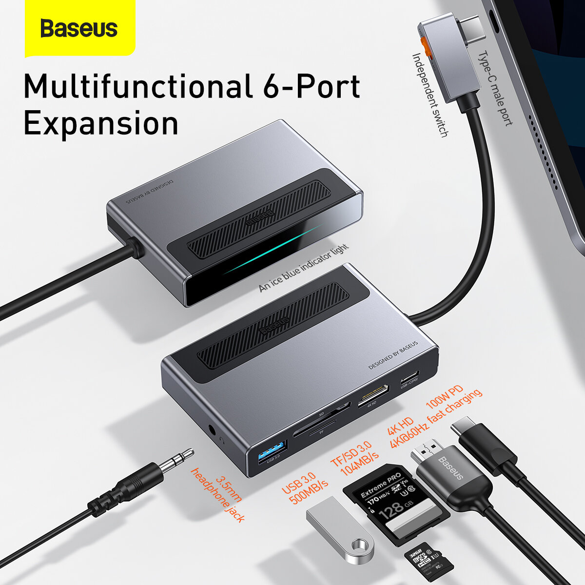 

Baseus Multifunctional USB3.0 Type-C HUB Supports 4K HDMI OTG PD Fast ChargingTF/ SD Card Dual Reading with a Retracta