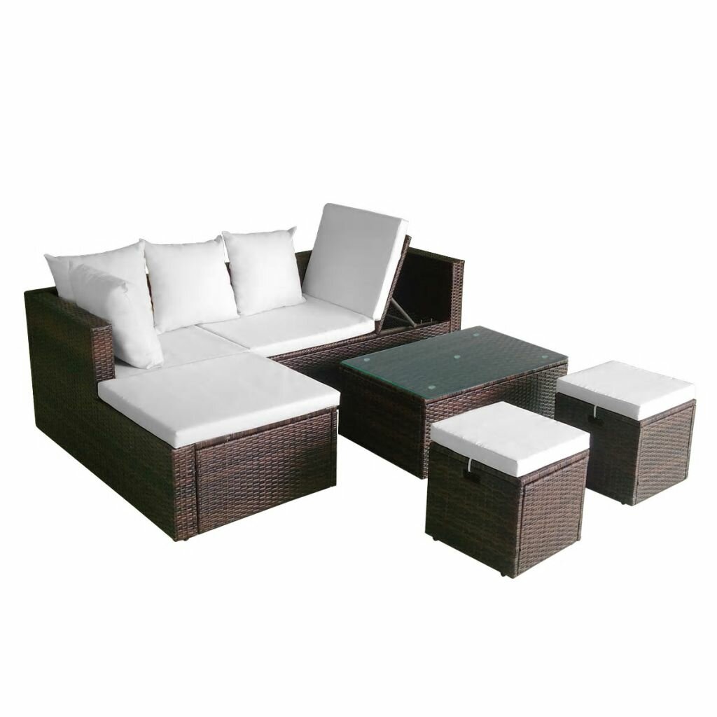 4 Piece Outdoor Patio Furniture Set Garden Lounge Set with Cushions Poly Rattan Brown
