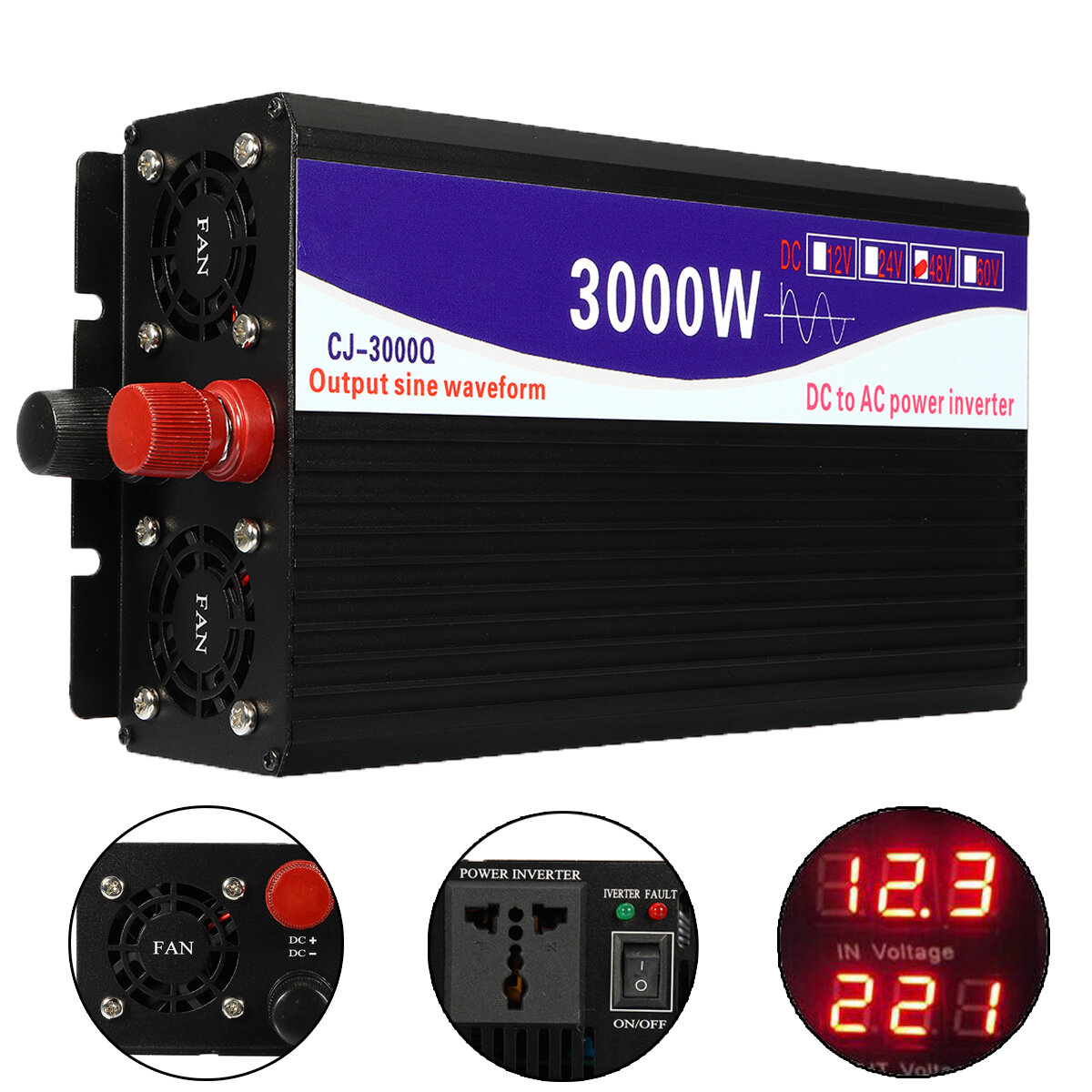 3000W 12V/24V/48V to 220V Pure Sine Wave Power Inverter Home Converter